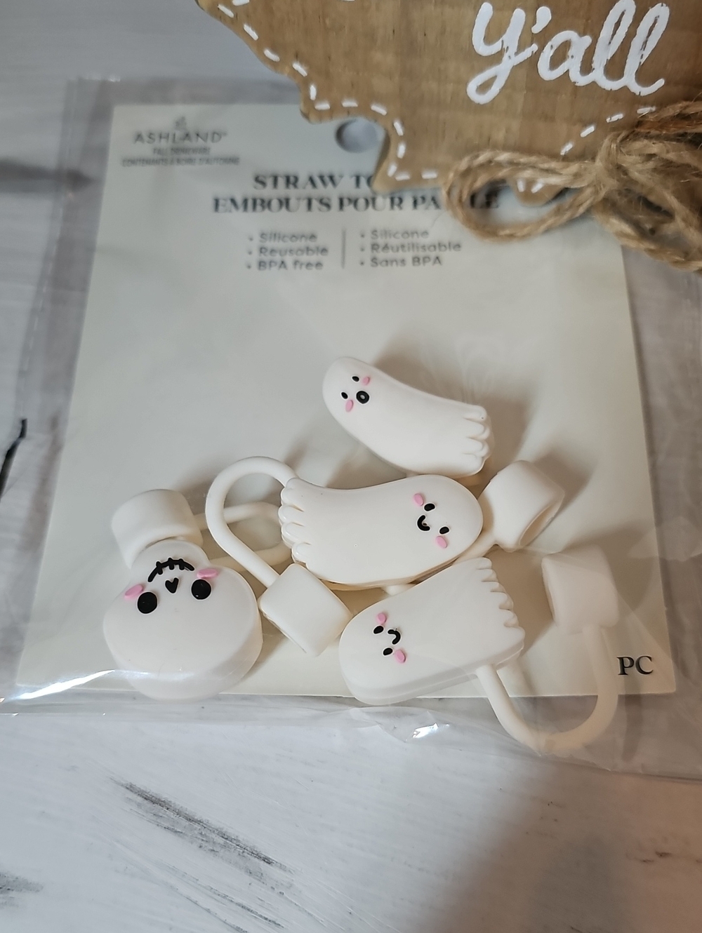Set Of 4 - Chunky White Ghost Halloween Silicone Straw Toppers